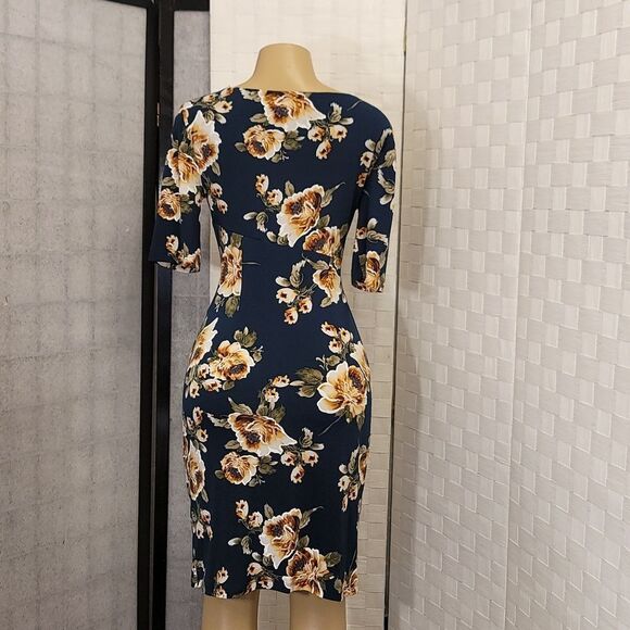 BRAND NEW CONNECTED APPAREL FLORAL COLORBLOCK RUCHED SIDE DESIGN 3/SLEEVE DRESS - Picture 7 of 15